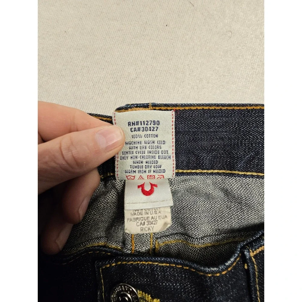True‎ Religion Ricky Straight Leg Jeans Mens 44x34 Dark Wash FLAP USA Distressed